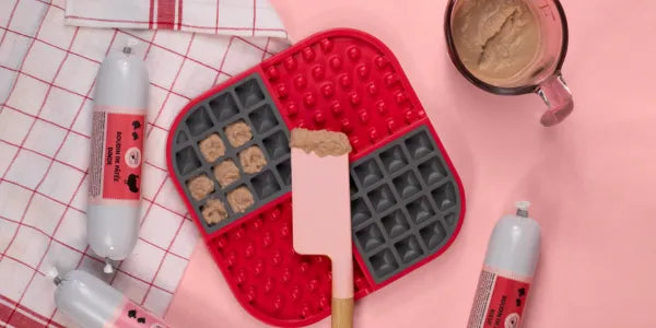 Préparation de tapis de léchage pour chien, un jouet d'occupation idéal avec de la pâtée étalée dessus et des aliments sains et naturels