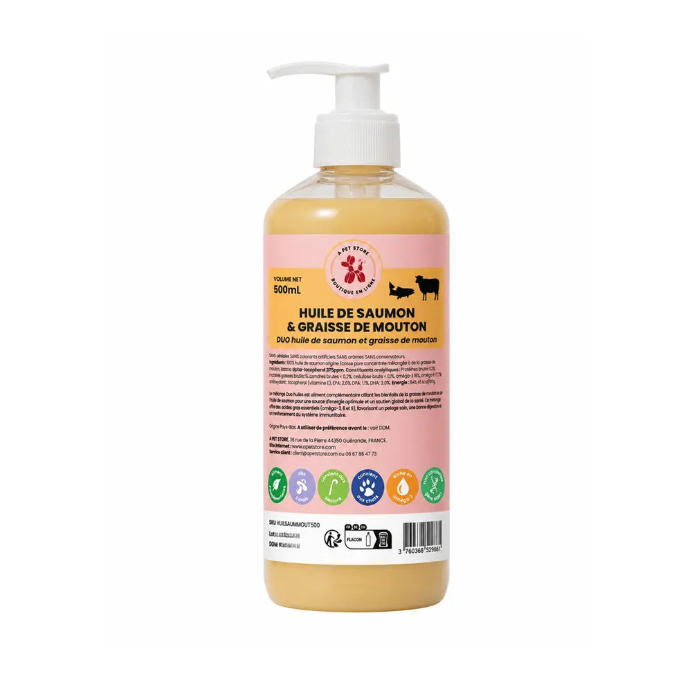Huile de saumon et graisse de mouton pour chien et chat – DUO 500mL