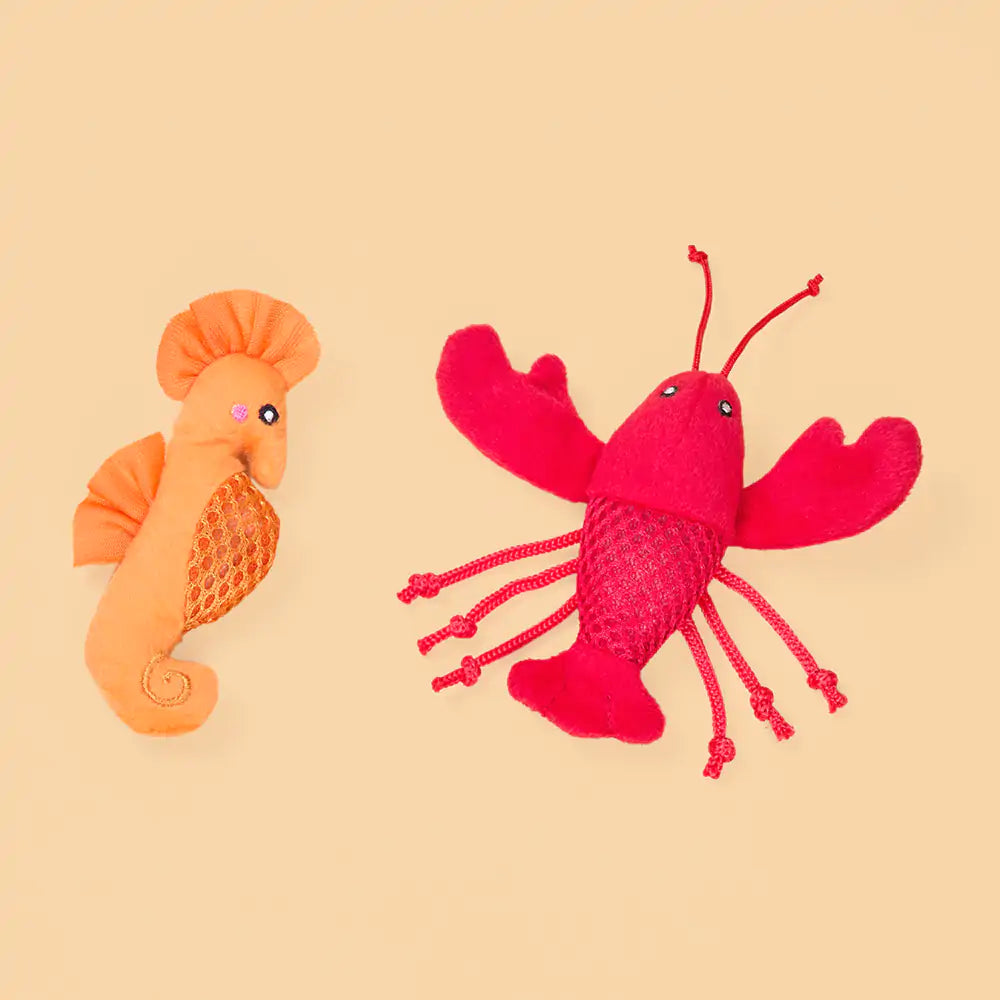 Peluches Hippocampe et Homard – Lot de 2 jouets pour chat – ZippyClaws® Mesh Mates