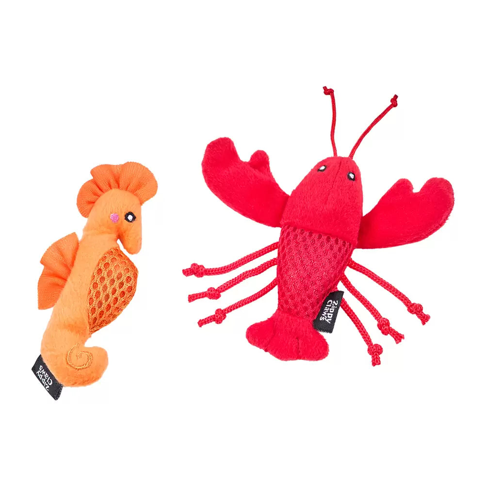 Peluches Hippocampe et Homard – Lot de 2 jouets pour chat – ZippyClaws® Mesh Mates