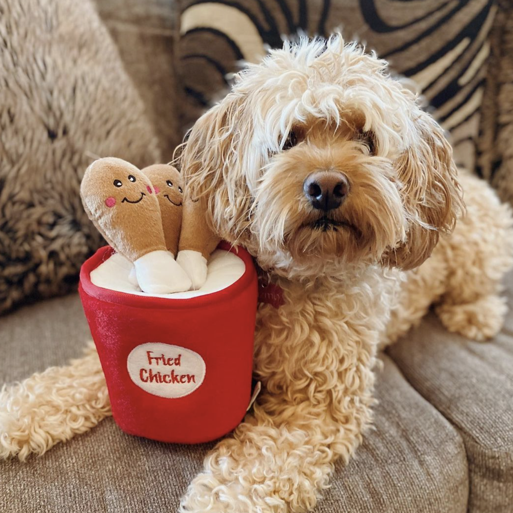 peluche pour chien seau a poulet